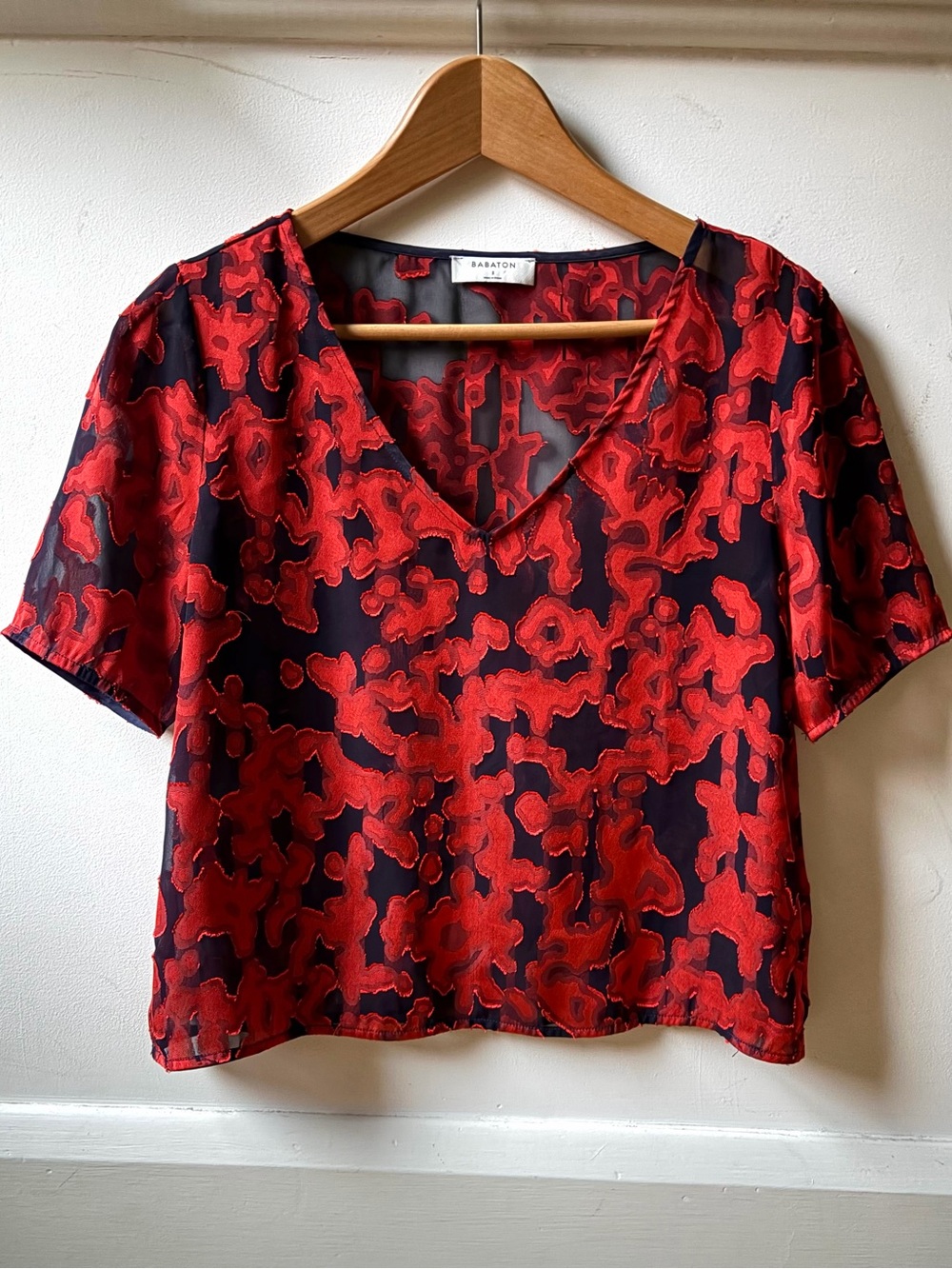 Babaton by Aritzia short-sleeve sheer V-neck top with abstract floral pattern